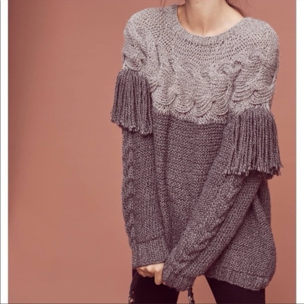 NWT Anthropologie Laura Siegel Aumar Fringed Wool Pullover Women's Gray Sweater
